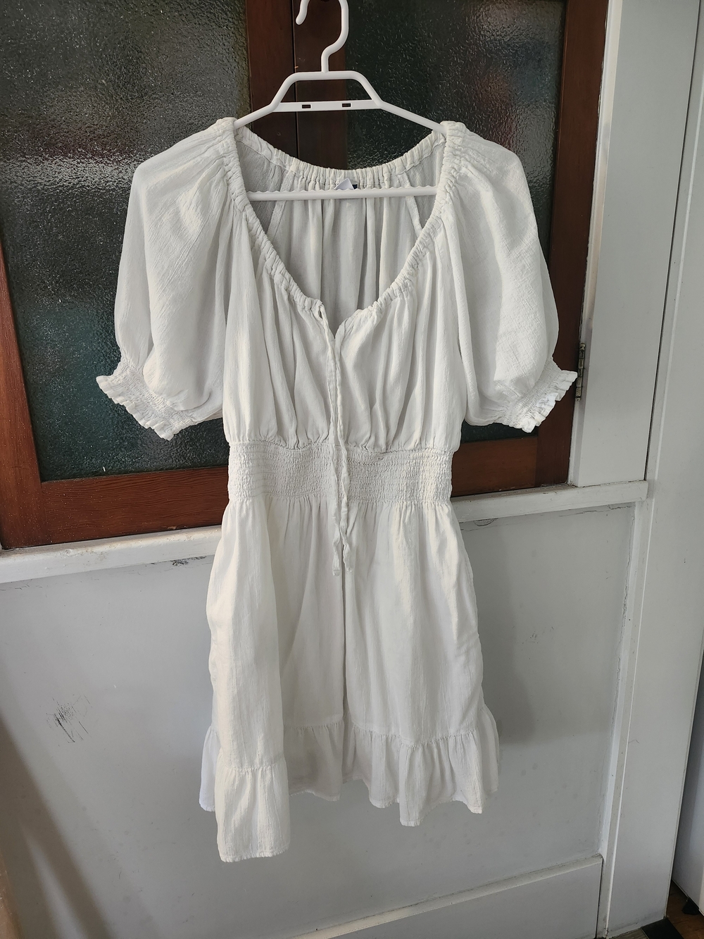 White Smocked Waist Puff Sleeve Dress - Old Navy - Small